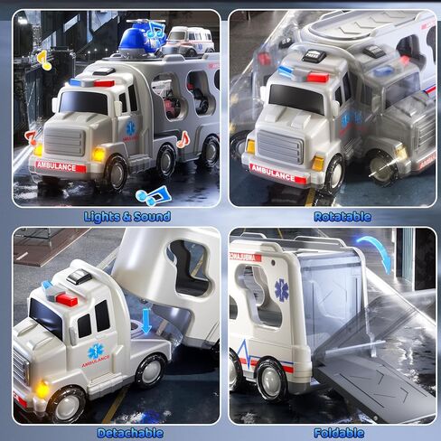 Ambulance Truck Toys Set for Kids Toddlers 1-3 3-5 Years Old, Carrier Truck Playset with Toy Cars, Light and Sound, City Learning Toys for Toddlers, Birthday Gifts for Boys Girls Aged 2-4 4-8 in Saudi Arabia