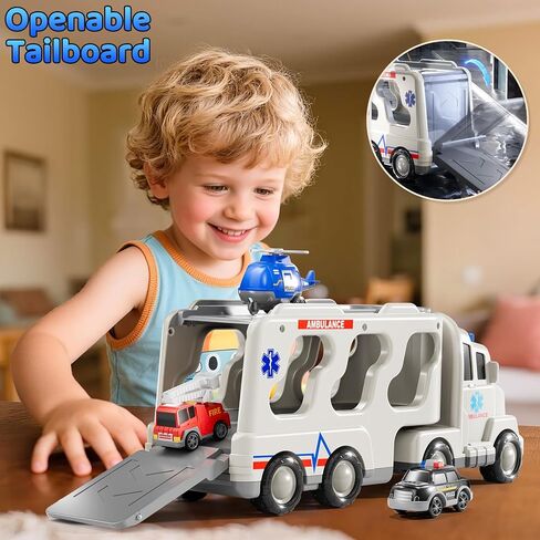 Ambulance Truck Toys Set for Kids Toddlers 1-3 3-5 Years Old, Carrier Truck Playset with Toy Cars, Light and Sound, City Learning Toys for Toddlers, Birthday Gifts for Boys Girls Aged 2-4 4-8 in Saudi Arabia