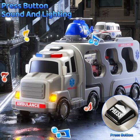 Ambulance Truck Toys Set for Kids Toddlers 1-3 3-5 Years Old, Carrier Truck Playset with Toy Cars, Light and Sound, City Learning Toys for Toddlers, Birthday Gifts for Boys Girls Aged 2-4 4-8 in Saudi Arabia