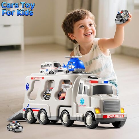 Ambulance Truck Toys Set for Kids Toddlers 1-3 3-5 Years Old, Carrier Truck Playset with Toy Cars, Light and Sound, City Learning Toys for Toddlers, Birthday Gifts for Boys Girls Aged 2-4 4-8 in Saudi Arabia