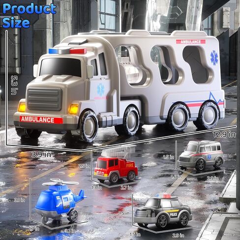 Ambulance Truck Toys Set for Kids Toddlers 1-3 3-5 Years Old, Carrier Truck Playset with Toy Cars, Light and Sound, City Learning Toys for Toddlers, Birthday Gifts for Boys Girls Aged 2-4 4-8 in Saudi Arabia