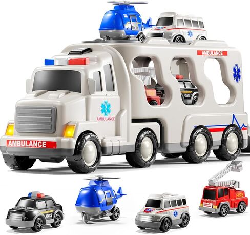 Ambulance Truck Toys Set for Kids Toddlers 1-3 3-5 Years Old, Carrier Truck Playset with Toy Cars, Light and Sound, City Learning Toys for Toddlers, Birthday Gifts for Boys Girls Aged 2-4 4-8 in Saudi Arabia