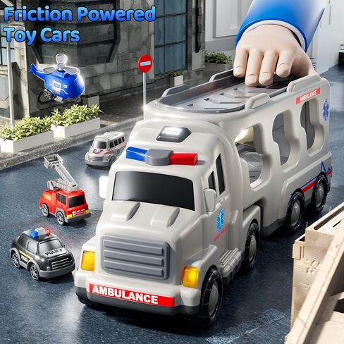 Ambulance Truck Toys Set for Kids Toddlers 1-3 3-5 Years Old, Carrier Truck Playset with Toy Cars, Light and Sound, City Learning Toys for Toddlers, Birthday Gifts for Boys Girls Aged 2-4 4-8 in Saudi Arabia