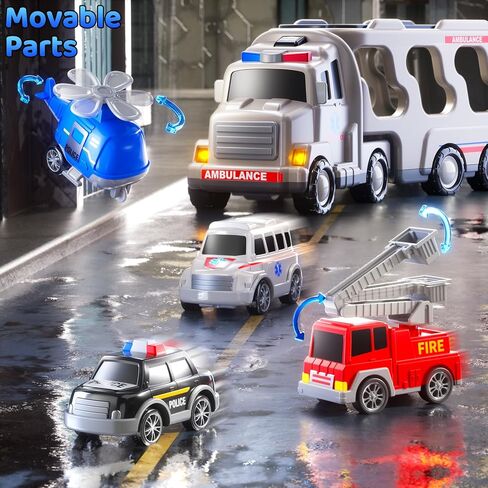 Ambulance Truck Toys Set for Kids Toddlers 1-3 3-5 Years Old, Carrier Truck Playset with Toy Cars, Light and Sound, City Learning Toys for Toddlers, Birthday Gifts for Boys Girls Aged 2-4 4-8 in Saudi Arabia