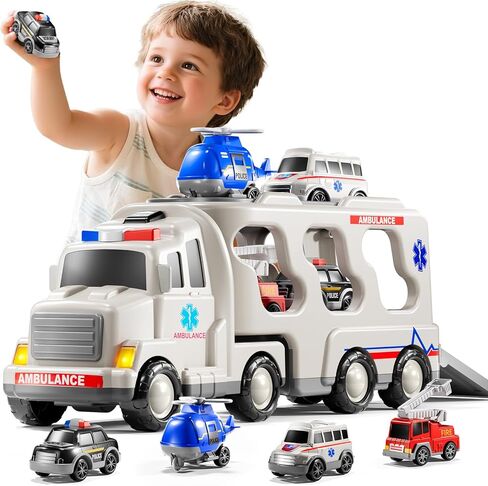 Ambulance Truck Toys Set for Kids Toddlers 1-3 3-5 Years Old, Carrier Truck Playset with Toy Cars, Light and Sound, City Learning Toys for Toddlers, Birthday Gifts for Boys Girls Aged 2-4 4-8 in Saudi Arabia