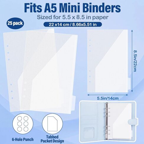 25 Pcs Mini Binder Divider with Pockets for 6 Ring Binders Clear Binder Pouches 5.5 x 8.5 Inches Transparent A5 Document Folders File Organizer for Office in Saudi Arabia