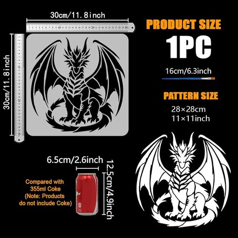 FINGERINSPIRE Dragon Sitting Upright Painting Stencil with Brush, 30x30cm/11.8x11.8inch Reusable Dragon Stencil Plastic Animal Theme Painting Template for DIY Art Projects & Home Decor in Kuwait