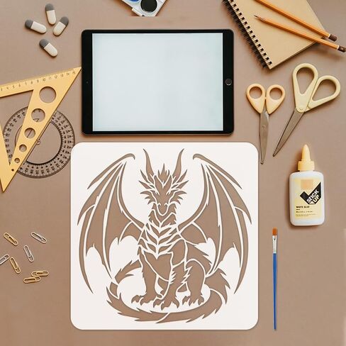FINGERINSPIRE Dragon Sitting Upright Painting Stencil with Brush, 30x30cm/11.8x11.8inch Reusable Dragon Stencil Plastic Animal Theme Painting Template for DIY Art Projects & Home Decor in Kuwait