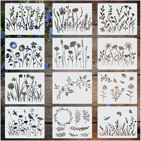 12 Templates for Floral and Plant Paintings - Hand-Drawn Patterns 5.9 * 4.7 Inches - Perfect for Wooden Wall Furniture, Glass, Canvas, Floor Tiles, and DIY Home Decor in Kuwait