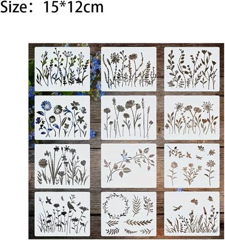 12 Templates for Floral and Plant Paintings - Hand-Drawn Patterns 5.9 * 4.7 Inches - Perfect for Wooden Wall Furniture, Glass, Canvas, Floor Tiles, and DIY Home Decor in Kuwait