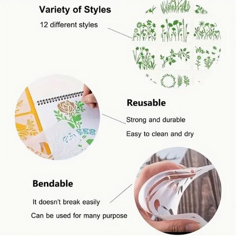 12 Templates for Floral and Plant Paintings - Hand-Drawn Patterns 5.9 * 4.7 Inches - Perfect for Wooden Wall Furniture, Glass, Canvas, Floor Tiles, and DIY Home Decor in Kuwait