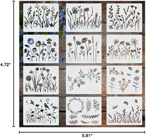 12 Templates for Floral and Plant Paintings - Hand-Drawn Patterns 5.9 * 4.7 Inches - Perfect for Wooden Wall Furniture, Glass, Canvas, Floor Tiles, and DIY Home Decor in Kuwait