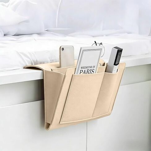 Bedside Storage Organizer with Pockets, Bedside Caddy, Table Cabinet Storage Organizer for TV Remote Control, Phones, Magazines, Tablets, Accessories, Living Room Office Chair Stowage Solution, Beige in Kuwait