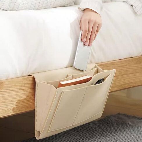 Bedside Storage Organizer with Pockets, Bedside Caddy, Table Cabinet Storage Organizer for TV Remote Control, Phones, Magazines, Tablets, Accessories, Living Room Office Chair Stowage Solution, Beige in Kuwait