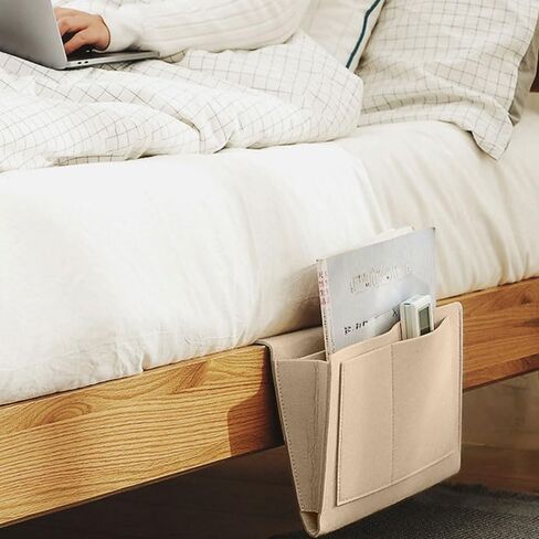 Bedside Storage Organizer with Pockets, Bedside Caddy, Table Cabinet Storage Organizer for TV Remote Control, Phones, Magazines, Tablets, Accessories, Living Room Office Chair Stowage Solution, Beige in Kuwait