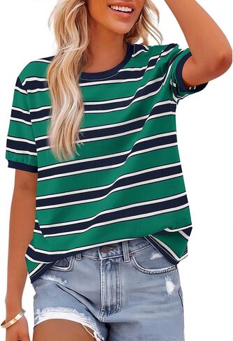 BTFBM Womens Summer Tops 2025 Crewneck Short Sleeve Striped T Shirts Casual Loose Lightweight Color Block Basic Tee in Saudi Arabia