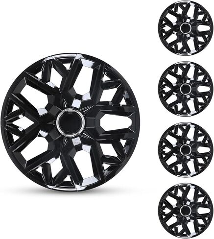 ROXX 16 Inch Universal Hubcaps for Steel Wheel Rims Covers, Hub Cap Snap On Installation with Retention Rings(Set of 4, 5181, Black Lacquer & Silver Lacquer) in Kuwait