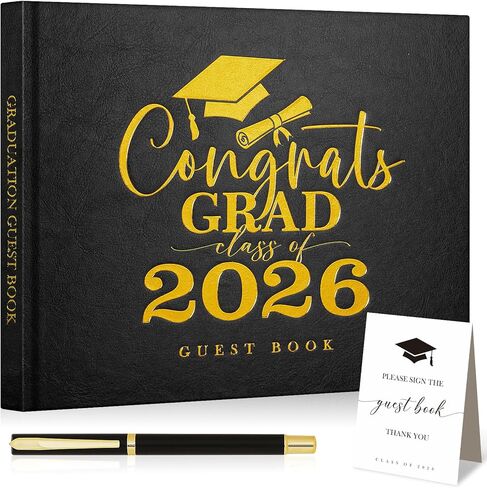 Lanpn Graduation Guest Book Class of 2026 مع علامة طاولة وقلم، كتب جلدية لضيف التخرج، كتاب توقيع الخريجين، كتب الذاكرة التذكارية لحفلة التخرج بالمدرسة الثانوية، أسود in Kuwait