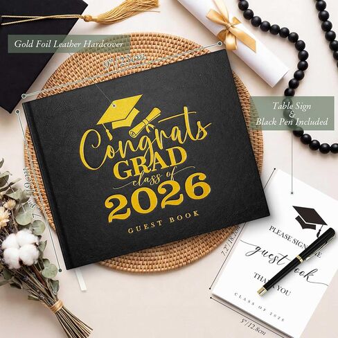 Lanpn Graduation Guest Book Class of 2026 مع علامة طاولة وقلم، كتب جلدية لضيف التخرج، كتاب توقيع الخريجين، كتب الذاكرة التذكارية لحفلة التخرج بالمدرسة الثانوية، أسود in Kuwait
