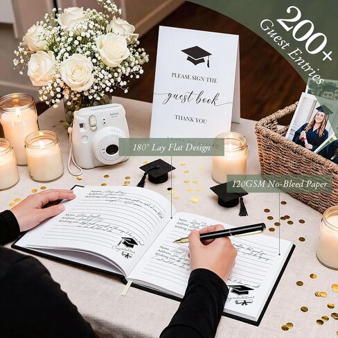 Lanpn Graduation Guest Book Class of 2026 مع علامة طاولة وقلم، كتب جلدية لضيف التخرج، كتاب توقيع الخريجين، كتب الذاكرة التذكارية لحفلة التخرج بالمدرسة الثانوية، أسود in Kuwait