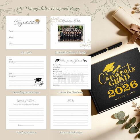 Lanpn Graduation Guest Book Class of 2026 with Table Sign & Pen, Leather Graduation Guest Sign in Books, Graduates Signature Book, Keepsake Memory Books for College High School Grad Party, Black in Kuwait