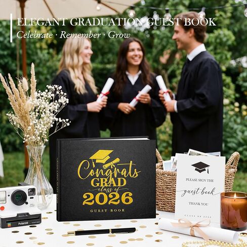 Lanpn Graduation Guest Book Class of 2026 with Table Sign & Pen, Leather Graduation Guest Sign in Books, Graduates Signature Book, Keepsake Memory Books for College High School Grad Party, Black in Kuwait