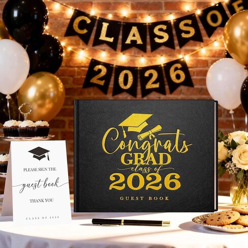 Lanpn Graduation Guest Book Class of 2026 مع علامة طاولة وقلم، كتب جلدية لضيف التخرج، كتاب توقيع الخريجين، كتب الذاكرة التذكارية لحفلة التخرج بالمدرسة الثانوية، أسود in Kuwait