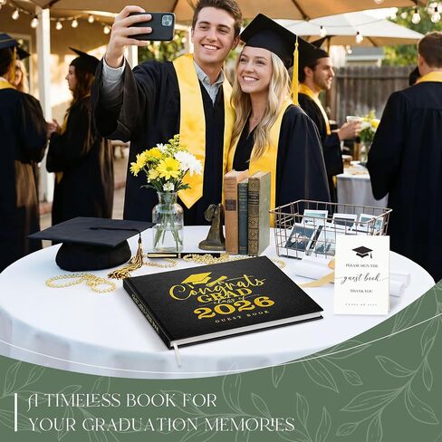 Lanpn Graduation Guest Book Class of 2026 with Table Sign & Pen, Leather Graduation Guest Sign in Books, Graduates Signature Book, Keepsake Memory Books for College High School Grad Party, Black in Kuwait