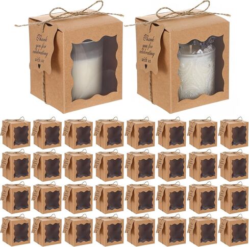 Lemecima 50 Set Candle Gift Box Transparent Gift Packaging Box for 4-10 oz Candles 50 Paper Thank You Tag with Ropes for Wedding Birthday Baby Shower Party Favor, 3.35 x 3.35 x 3.94 in (Brown) in Kuwait