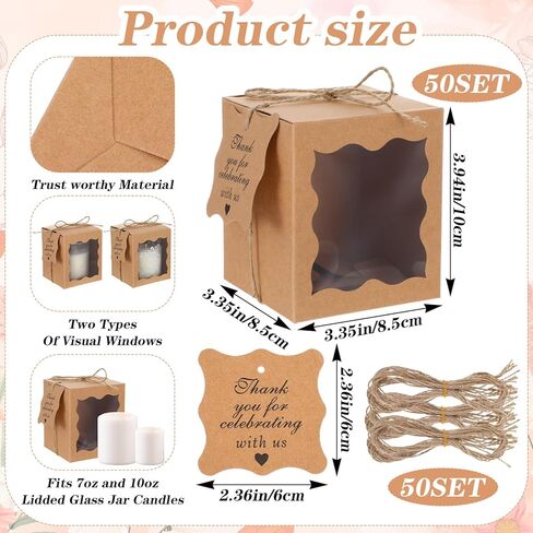 Lemecima 50 Set Candle Gift Box Transparent Gift Packaging Box for 4-10 oz Candles 50 Paper Thank You Tag with Ropes for Wedding Birthday Baby Shower Party Favor, 3.35 x 3.35 x 3.94 in (Brown) in Kuwait