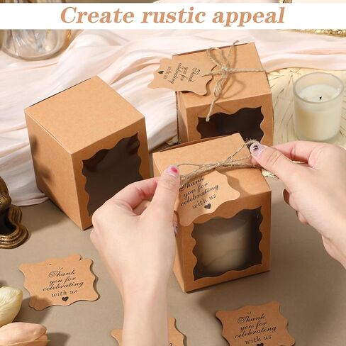 Lemecima 50 Set Candle Gift Box Transparent Gift Packaging Box for 4-10 oz Candles 50 Paper Thank You Tag with Ropes for Wedding Birthday Baby Shower Party Favor, 3.35 x 3.35 x 3.94 in (Brown) in Kuwait