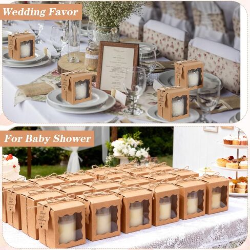 Lemecima 50 Set Candle Gift Box Transparent Gift Packaging Box for 4-10 oz Candles 50 Paper Thank You Tag with Ropes for Wedding Birthday Baby Shower Party Favor, 3.35 x 3.35 x 3.94 in (Brown) in Kuwait