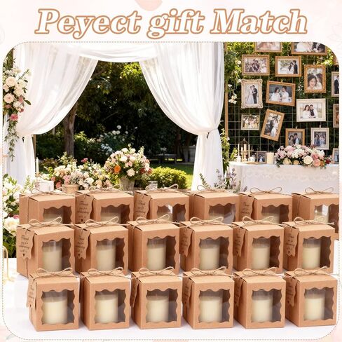 Lemecima 50 Set Candle Gift Box Transparent Gift Packaging Box for 4-10 oz Candles 50 Paper Thank You Tag with Ropes for Wedding Birthday Baby Shower Party Favor, 3.35 x 3.35 x 3.94 in (Brown) in Kuwait