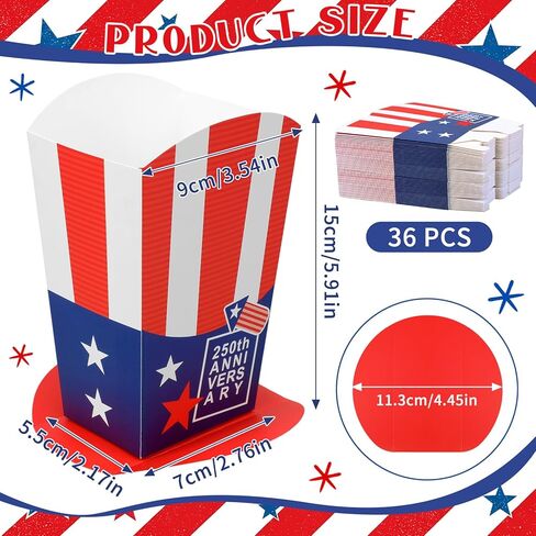 ReliThick 36 Pack 250th Anniversary 4th of July Decorations Patriotic Red White Blue Popcorn Boxes & Table Centerpieces Gift Boxes for Americana Independence Day Memorial Day Party Decor in Kuwait