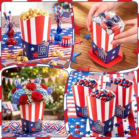 ReliThick 36 Pack 250th Anniversary 4th of July Decorations Patriotic Red White Blue Popcorn Boxes & Table Centerpieces Gift Boxes for Americana Independence Day Memorial Day Party Decor in Kuwait