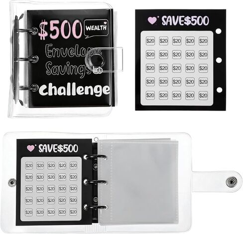 Grevosea Mini Money Saving Binder, 500 Money Saving Challenge Book Black Budget Binder with 25 Envelopes for Cash Saving Office Home Class Prize Exchange Gift (Saving 500) in Kuwait
