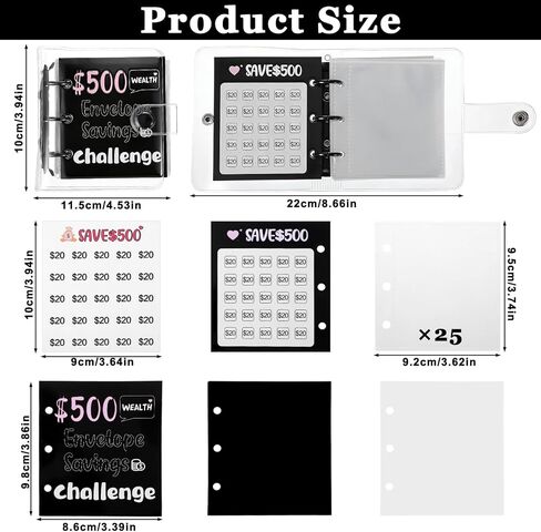 Grevosea Mini Money Saving Binder, 500 Money Saving Challenge Book Black Budget Binder with 25 Envelopes for Cash Saving Office Home Class Prize Exchange Gift (Saving 500) in Kuwait