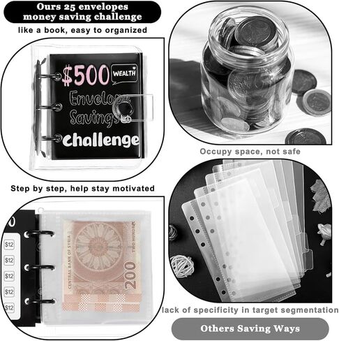 Grevosea Mini Money Saving Binder, 500 Money Saving Challenge Book Black Budget Binder with 25 Envelopes for Cash Saving Office Home Class Prize Exchange Gift (Saving 500) in Kuwait