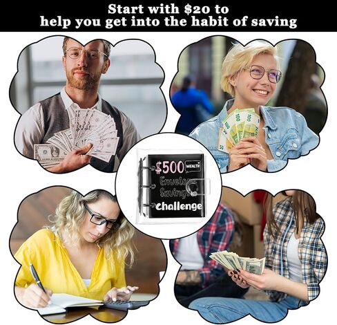 Grevosea Mini Money Saving Binder, 500 Money Saving Challenge Book Black Budget Binder with 25 Envelopes for Cash Saving Office Home Class Prize Exchange Gift (Saving 500) in Kuwait