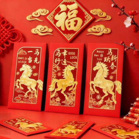 Chinese New Year Red Envelopes, Lunar New Year Envelopes Decorations 2026 New Years Eve Party Supplies, Year of the Horse 2026 Red Envelope Chinese New Year Gifts with 6 Gold Embossed Patterns-18 Pcs in Saudi Arabia