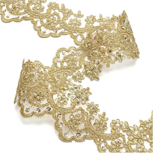 1 Yard Gold Lace Applique Fabric Golden Border Trim Ribbon for Sewing Beaded Appliques Embellishments and Trims Floral Embroidery Lace Ribbon for DIY Crafts Clothes Wedding Decor 5 Inch Width in Kuwait