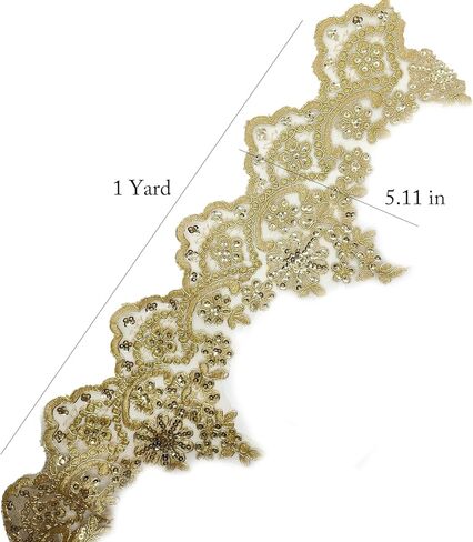 1 Yard Gold Lace Applique Fabric Golden Border Trim Ribbon for Sewing Beaded Appliques Embellishments and Trims Floral Embroidery Lace Ribbon for DIY Crafts Clothes Wedding Decor 5 Inch Width in Kuwait