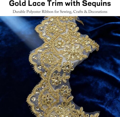 1 Yard Gold Lace Applique Fabric Golden Border Trim Ribbon for Sewing Beaded Appliques Embellishments and Trims Floral Embroidery Lace Ribbon for DIY Crafts Clothes Wedding Decor 5 Inch Width in Kuwait