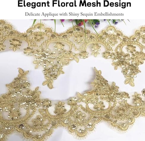 1 Yard Gold Lace Applique Fabric Golden Border Trim Ribbon for Sewing Beaded Appliques Embellishments and Trims Floral Embroidery Lace Ribbon for DIY Crafts Clothes Wedding Decor 5 Inch Width in Kuwait