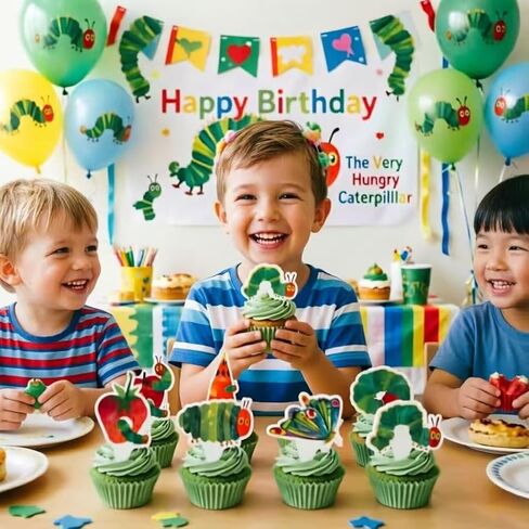 24pcs The Very Hungry Caterpillar Birthday Dessert Cupcake Topper, Cute Caterpillars Reading Story Theme Party Birthday Decorations Birthday Party Event Supplies in Saudi Arabia