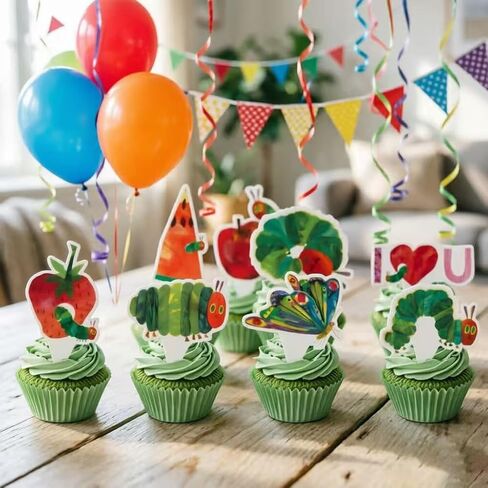 24pcs The Very Hungry Caterpillar Birthday Dessert Cupcake Topper, Cute Caterpillars Reading Story Theme Party Birthday Decorations Birthday Party Event Supplies in Saudi Arabia
