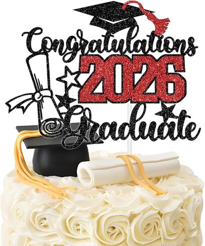 Congratulations 2026 Graduate Cake Topper, Congrats Grad/You Did It Cake Decor, Class of 2026 Graduation Party Decorations Supplies Black and Red Glitter in Kuwait