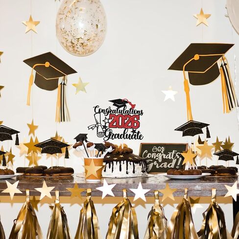 Congratulations 2026 Graduate Cake Topper, Congrats Grad/You Did It Cake Decor, Class of 2026 Graduation Party Decorations Supplies Black and Red Glitter in Kuwait