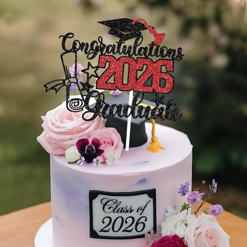 Congratulations 2026 Graduate Cake Topper, Congrats Grad/You Did It Cake Decor, Class of 2026 Graduation Party Decorations Supplies Black and Red Glitter in Kuwait