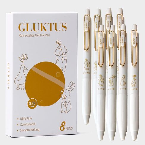 Retractable Rolling Ball Pens 0.35mm Ultra Fine Point,White Barrels,Black Gel Ink,Pack of 8,Smooth Writing For Journaling, Notetaking,Cute Office School Supplies Gifts for Women and Girls in Saudi Arabia